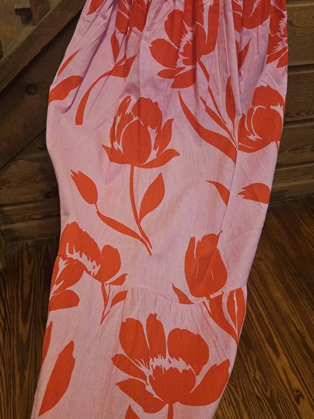 Smocked Strapless Pink Dress with Red Floral Print - Picture 6 of 9